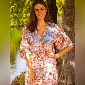Karyn Seo Kimono Sleeve Flowing Boho V- neck Midi Dress w Embroidered Bodice